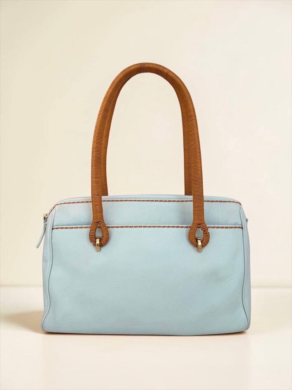 Powder Blue Leather Vintage Bowler Bag Rattan Handles